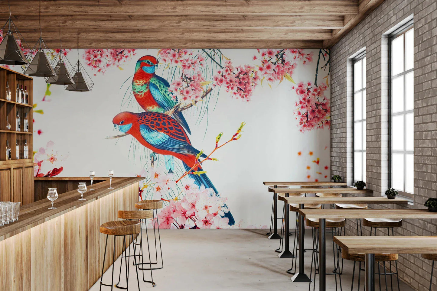 Blue blossom birds wallpaper for a contemporary apartment lounge., GD8041