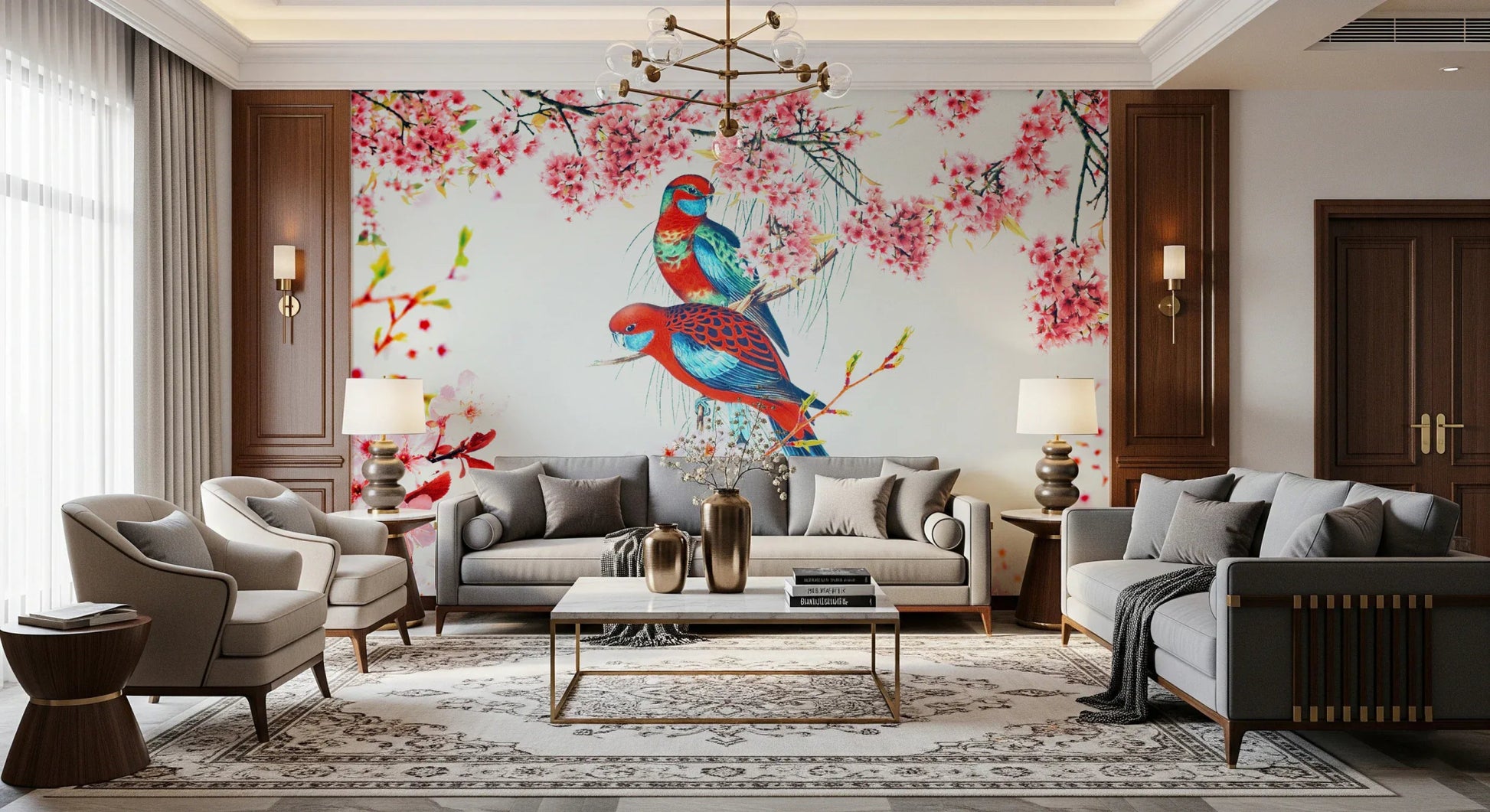 Artistic birds wall mural for a guest room accent wall., GD8041