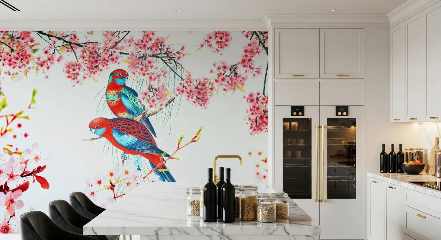 Nature-themed birds wall mural in a bright office space., GD8041