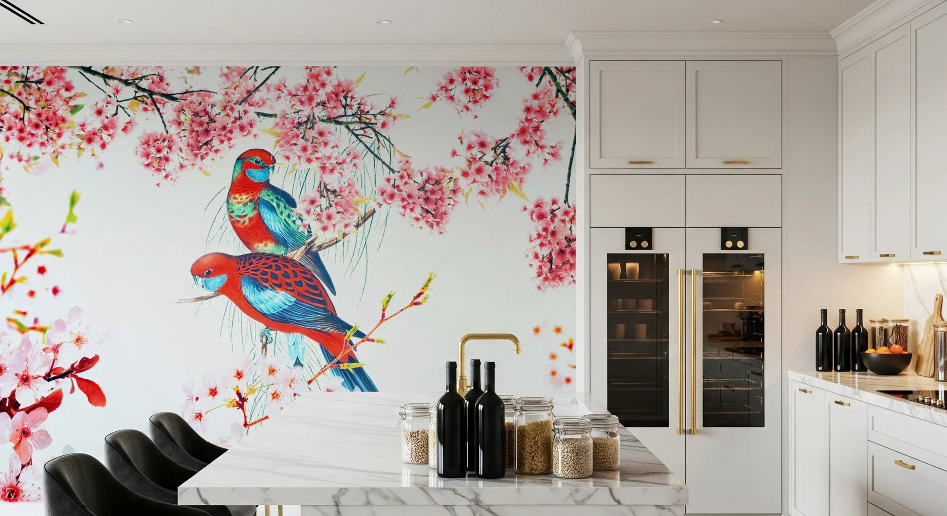 Nature-themed birds wall mural in a bright office space., GD8041