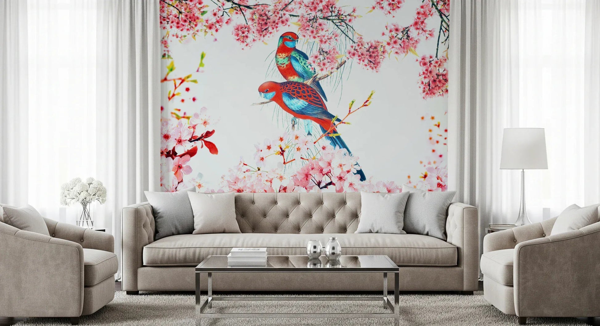 Floral birds wall mural in soft pastel pink for a bedroom., GD8041