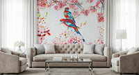 Floral birds wall mural in soft pastel pink for a bedroom., GD8041