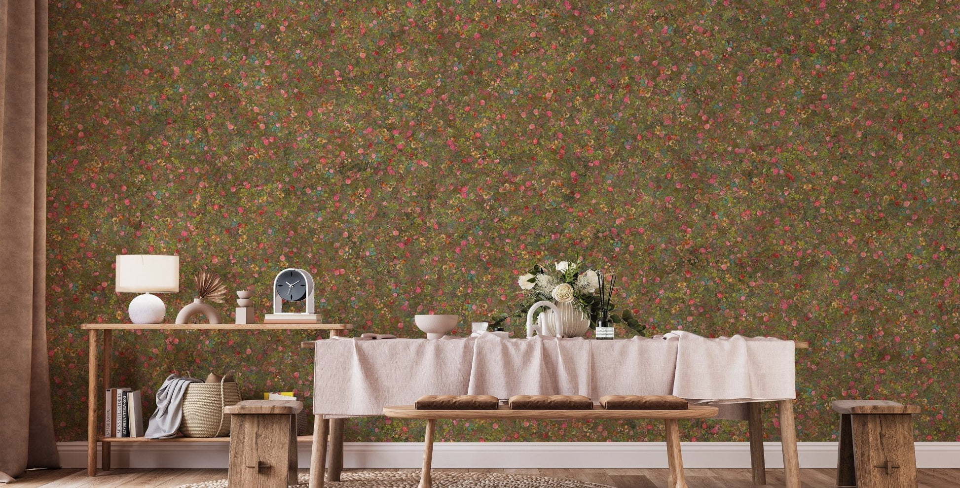 Embroidery Spring Flowers Pink and Green Wallpaper Murals - Giffywalls