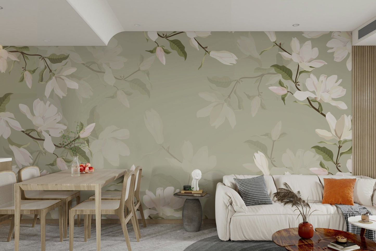 The mural is created for an entire wall, providing a graceful backdrop.
