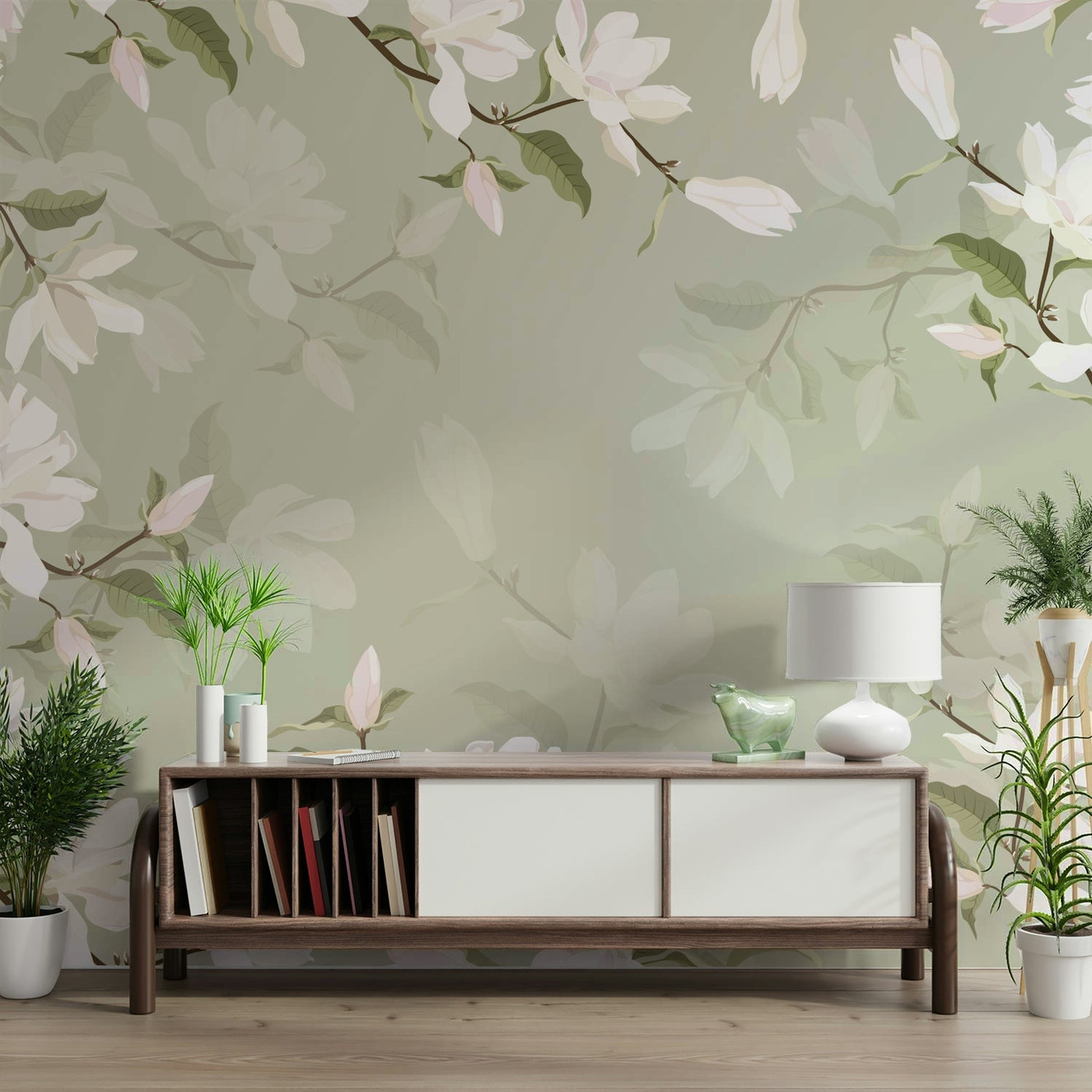 A full-wall mural of a delicate flowering branch.
