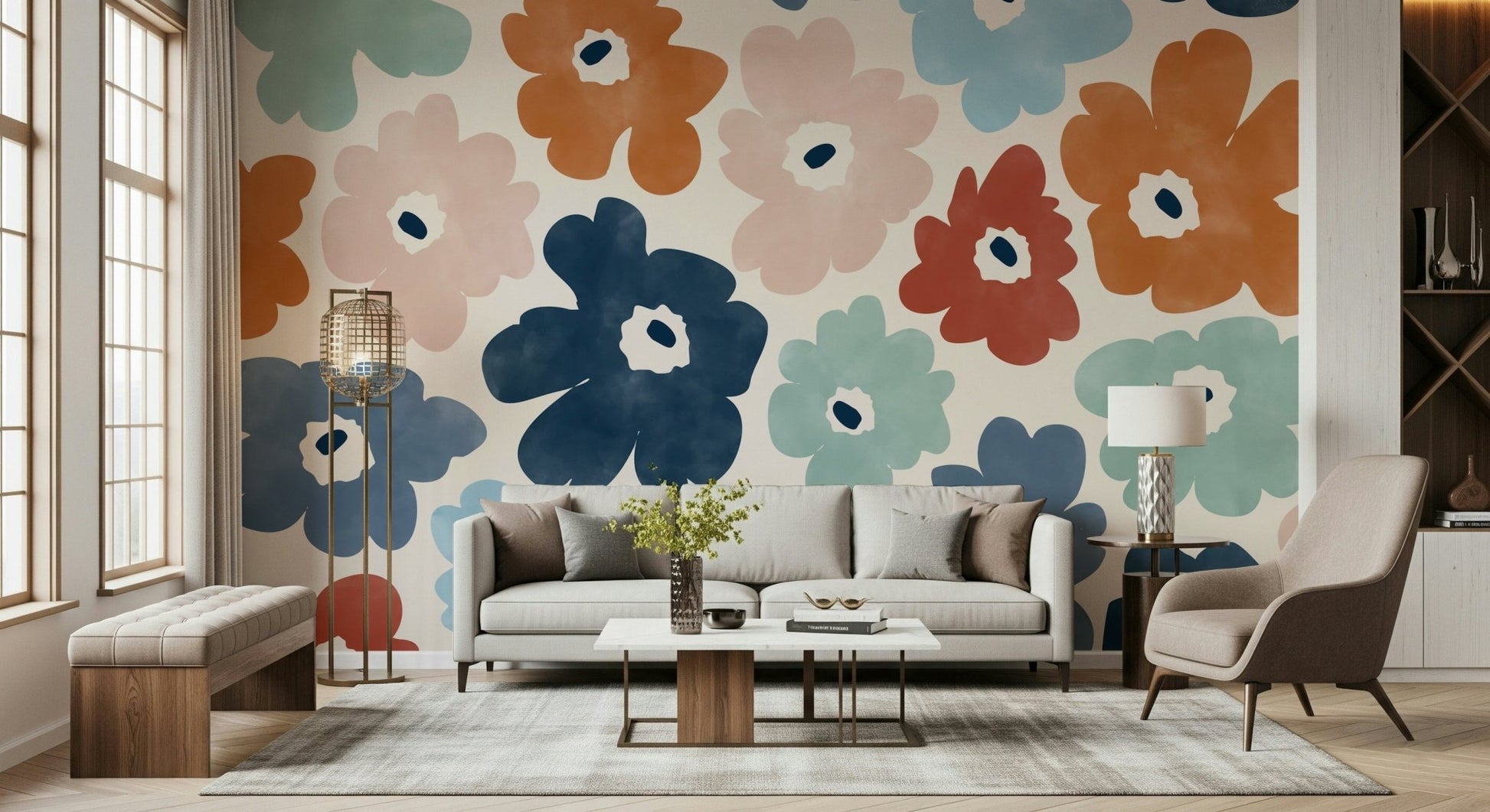 A peaceful flower design mural on decorative wallpaper.