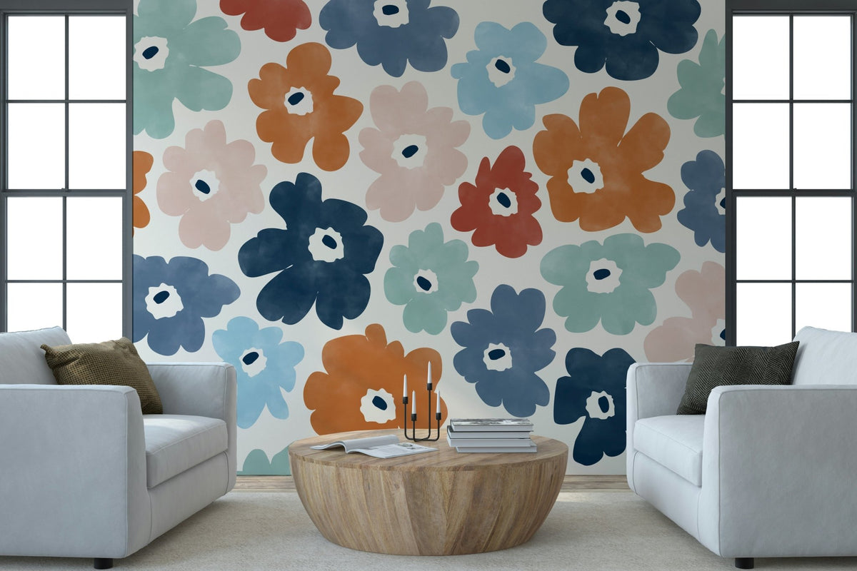 A beautiful vibrant floral wallpaper mural with bursting blooms., GD5239