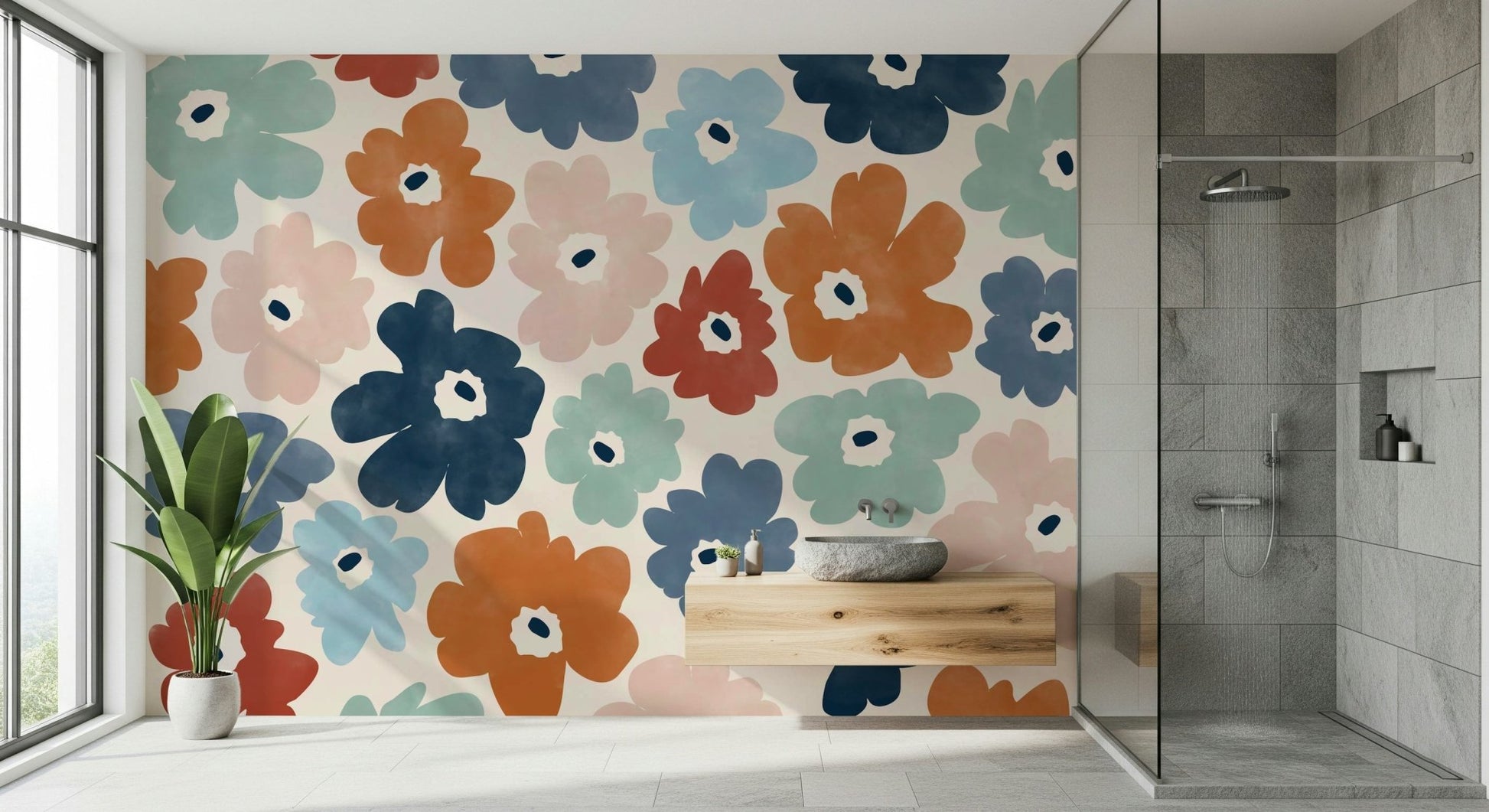A contemplative floral pattern wallpaper mural for a feature wall.