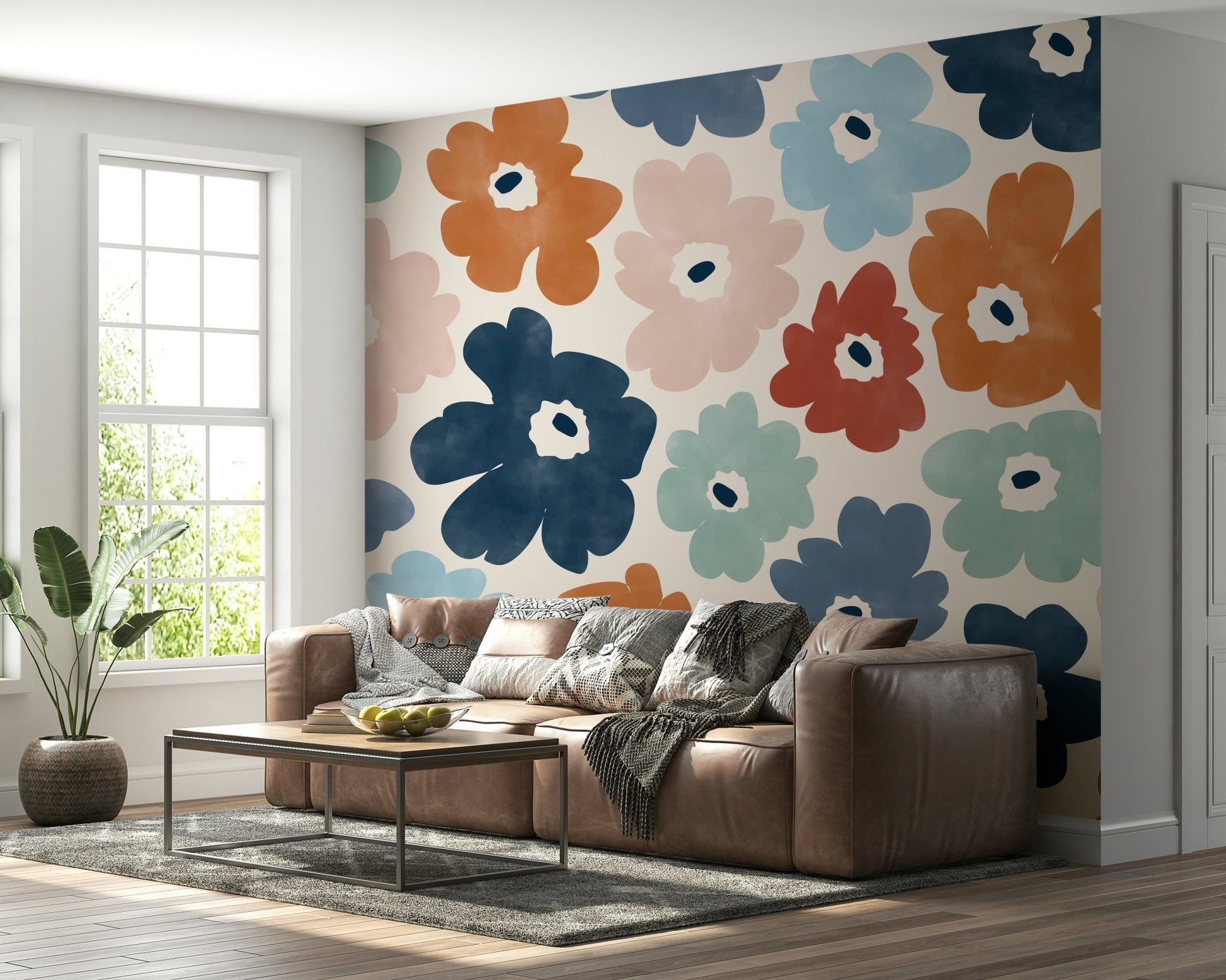 An artistic delicate bloom mural on minimalist wallpaper.