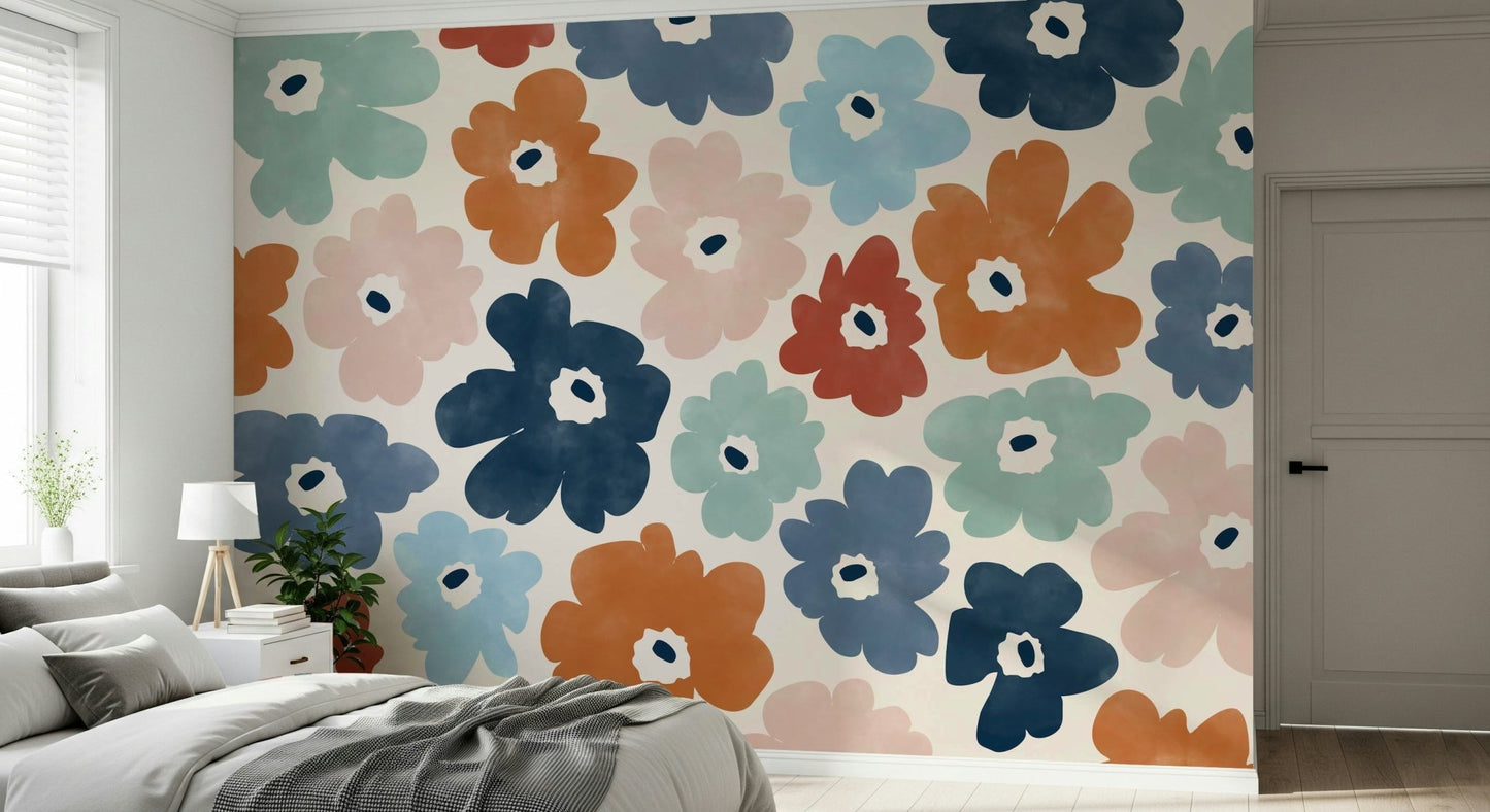 A graceful subtle flower wall mural in bright, elegant tones.