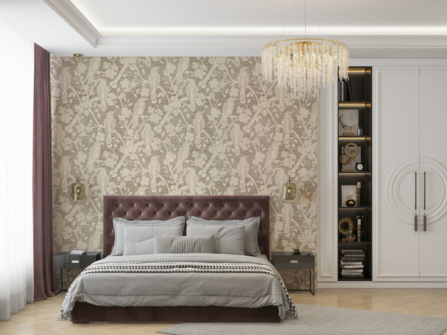 A contemporary living room with a crow and blossom wall mural., GD4544