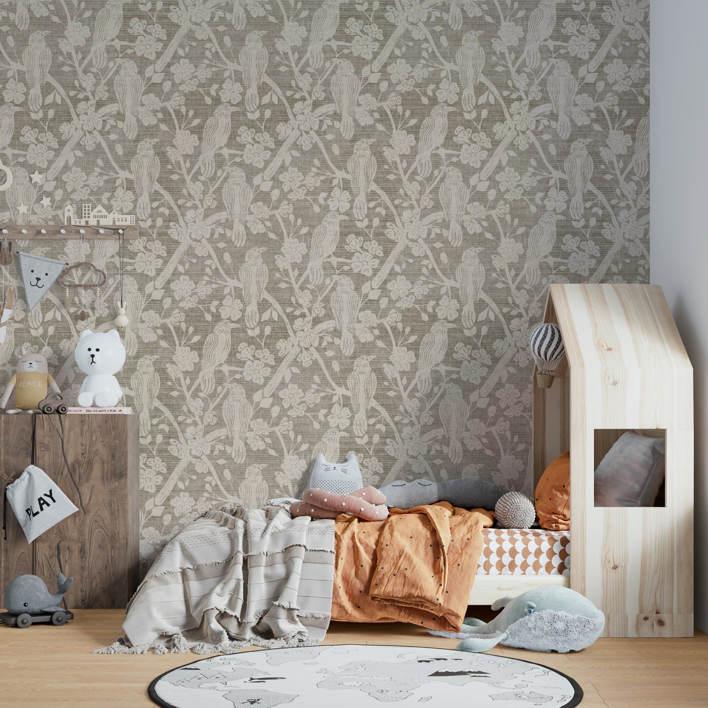 The wallpaper for walls being installed.

