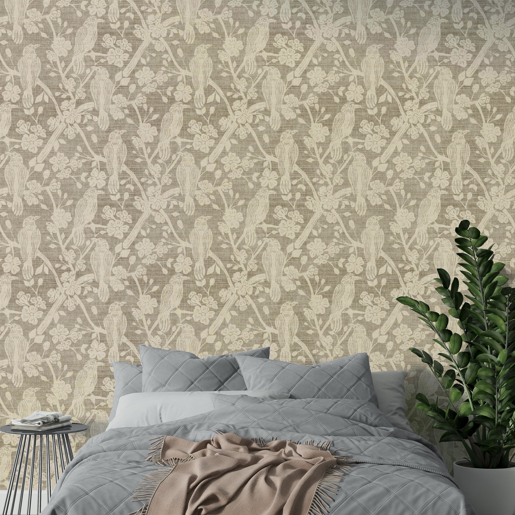 A bedroom with the elegant mural behind the headboard.

