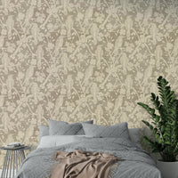 A bedroom with the elegant mural behind the headboard.

