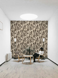 A minimalist home office with the botanical wallpaper.

