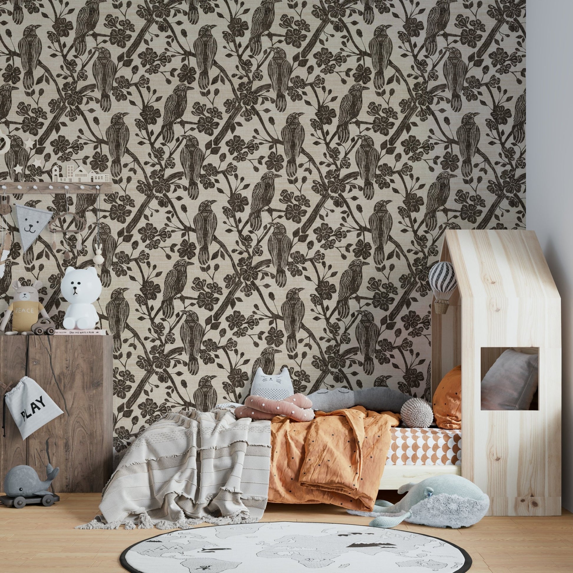 The wallpaper is used to create a feature wall in a dining room.

