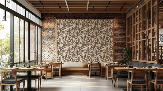 An angled shot of the mural's neutral color palette.


