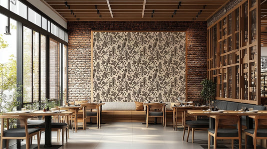 An angled shot of the mural's neutral color palette.

