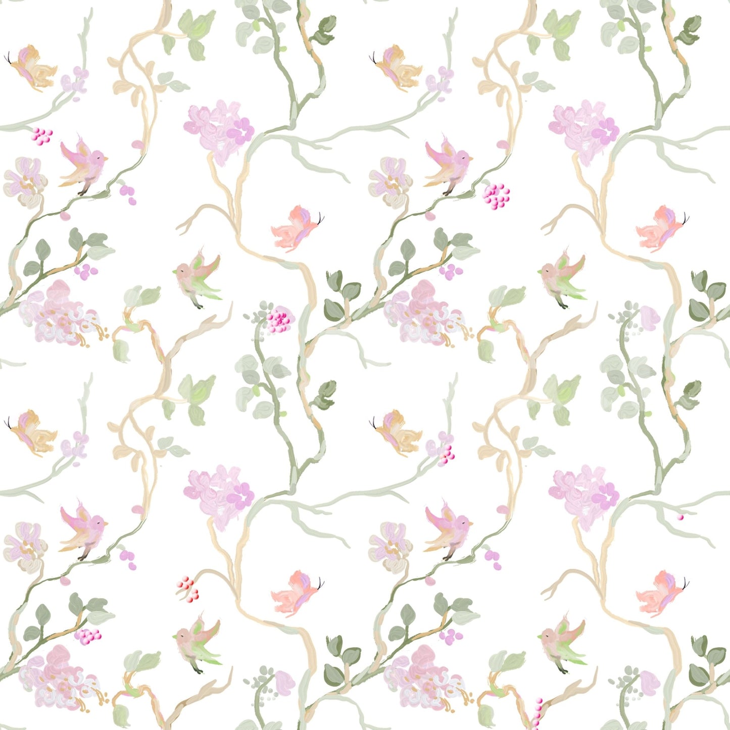 Feminine nursery Blossom & Flight Wallpaper room backdrop.