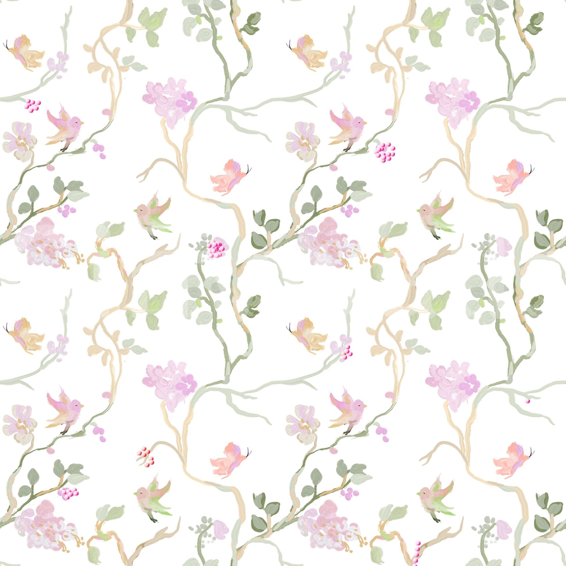Feminine nursery Blossom & Flight Wallpaper room backdrop.