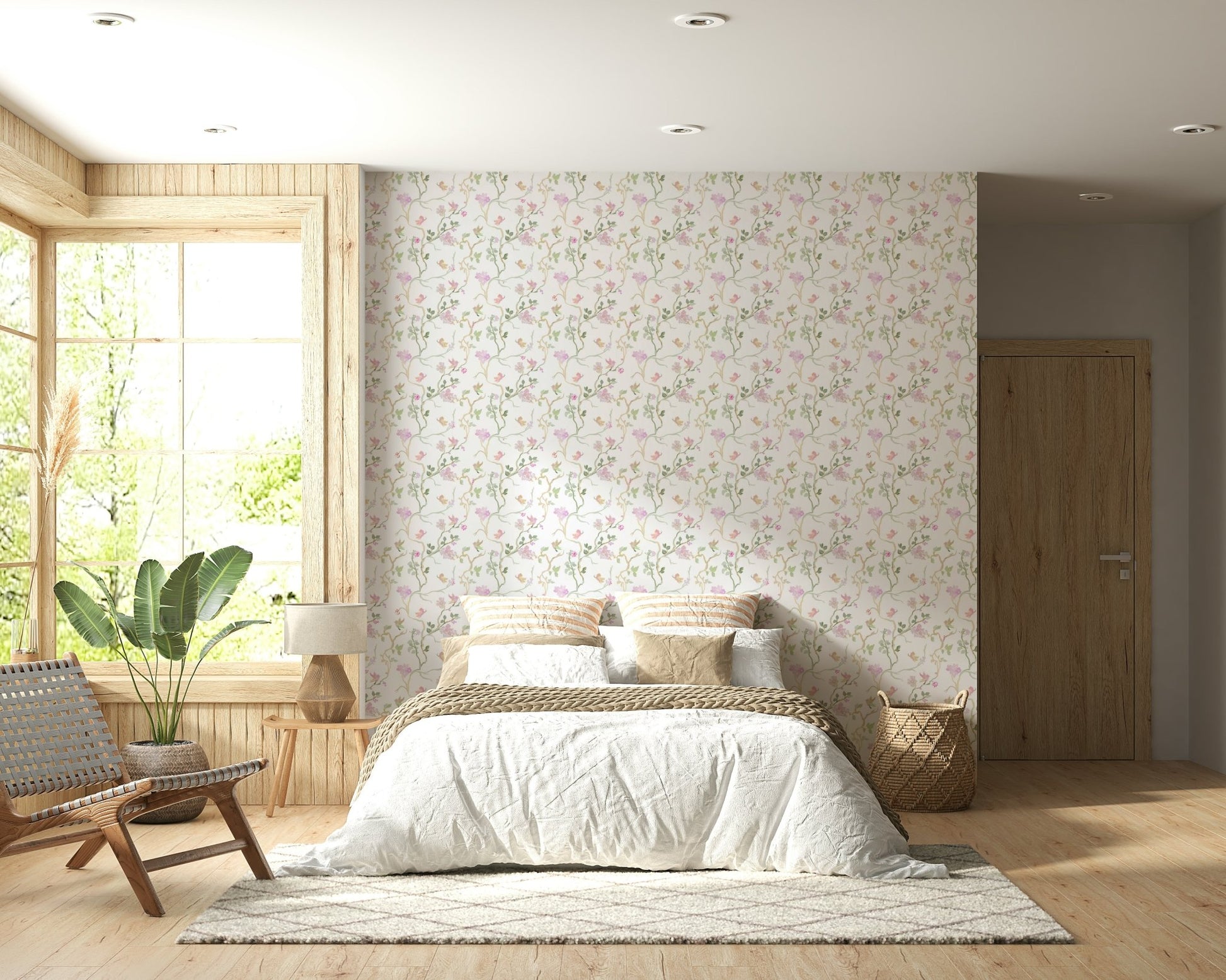 Classic repeating Blossom & Flight Wallpaper design.