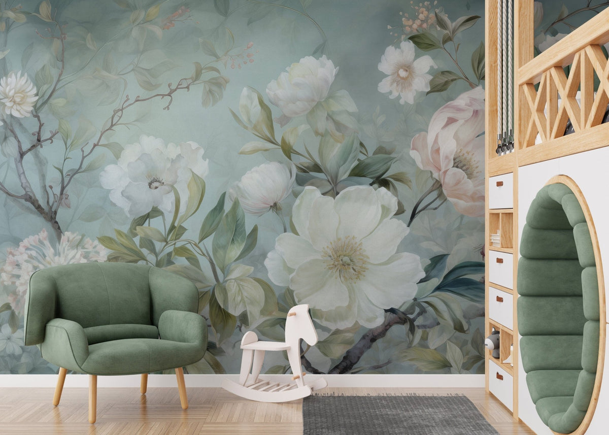 Blossom green floral wallpaper murals for a fresh, nature-inspired space. DTIL43