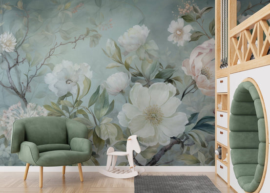 Blossom green floral wallpaper murals for a fresh, nature-inspired space. DTIL43