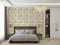 The wallpaper is used as a feature wall in a bedroom.

