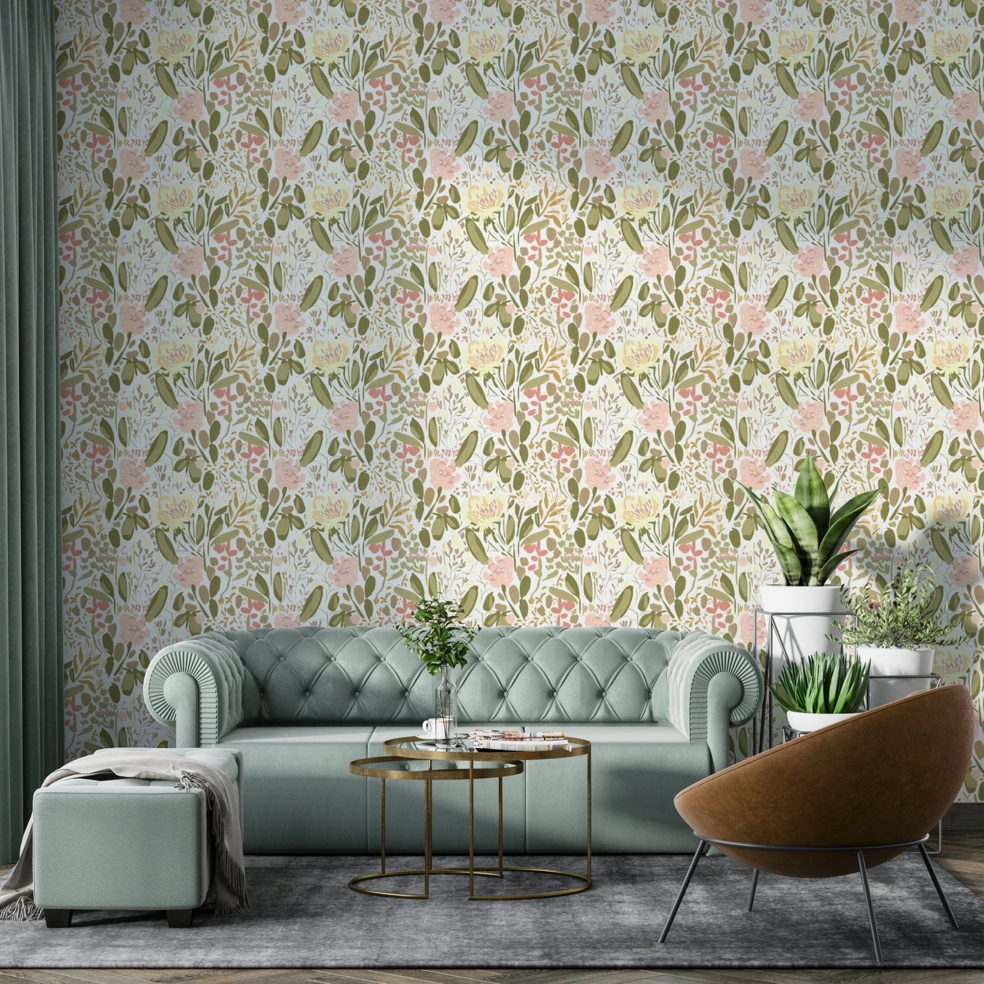 A minimalist interior with the floral-themed wallpaper.

