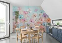 Textured pink and blue flowers wall mural art, GD8444