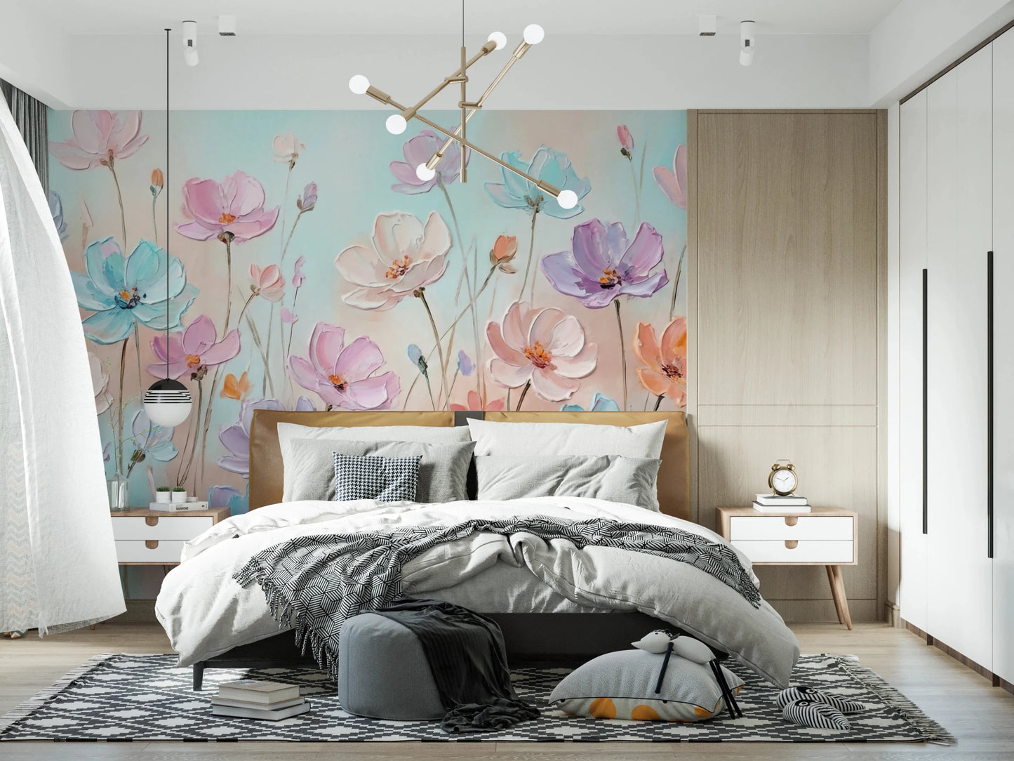Artistic cosmos flower mural in pink and blue, GD8444
