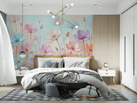 Artistic cosmos flower mural in pink and blue, GD8444