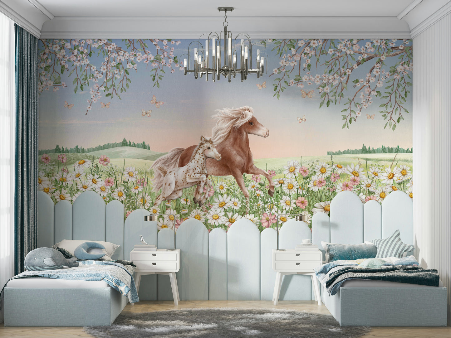 A peaceful animal design mural on decorative wallpaper.

