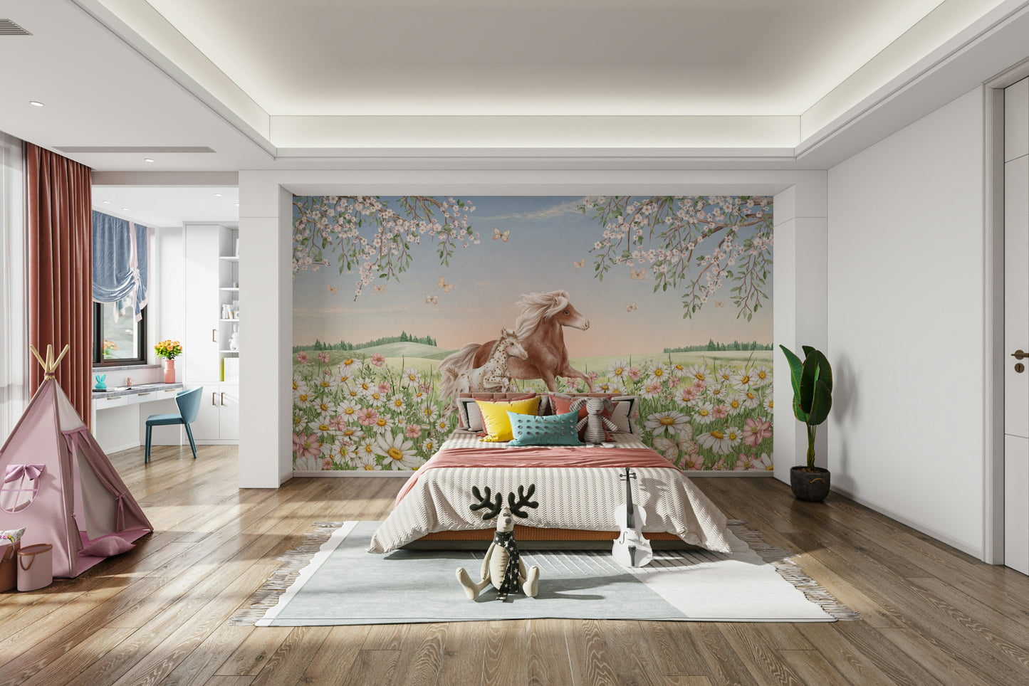 An artistic elegant horse mural on minimalist wallpaper.

