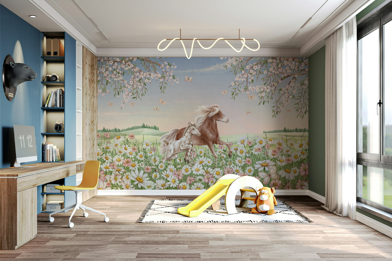 A beautiful serene horse wallpaper mural with flowers.

