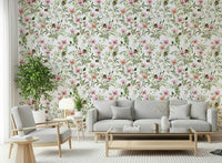 Light airy floral wallpaper for walls pink green artistic Blossom Hues.
