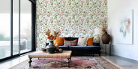 Soft feminine floral wallpaper pattern with green foliage Blossom Hues.