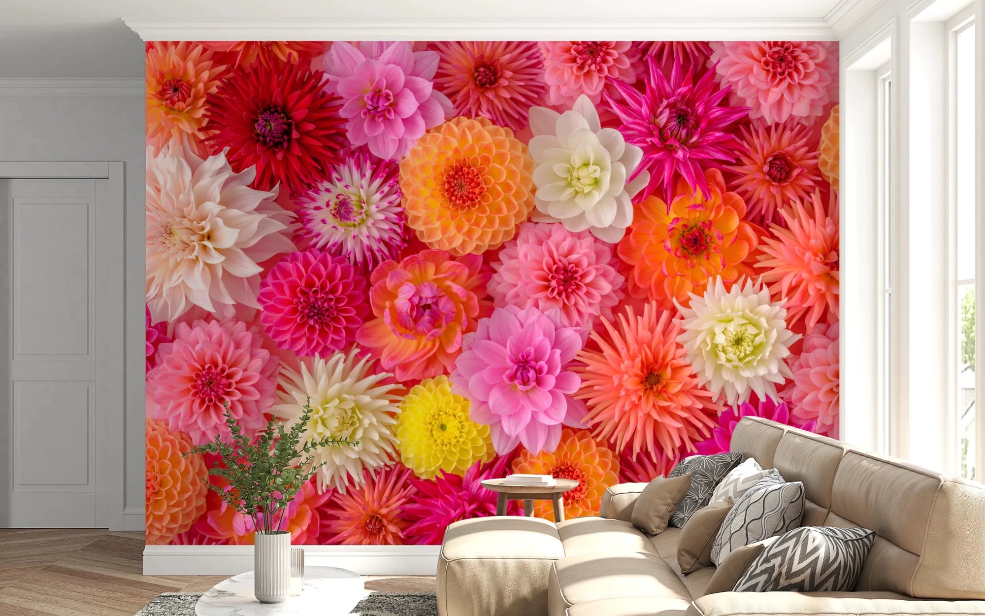 Living room with Blossom Medley Wall Mural and layered pink floral clusters, GD8846