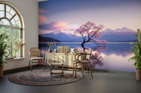 An artistic blossom mirror mural on minimalist wallpaper.


