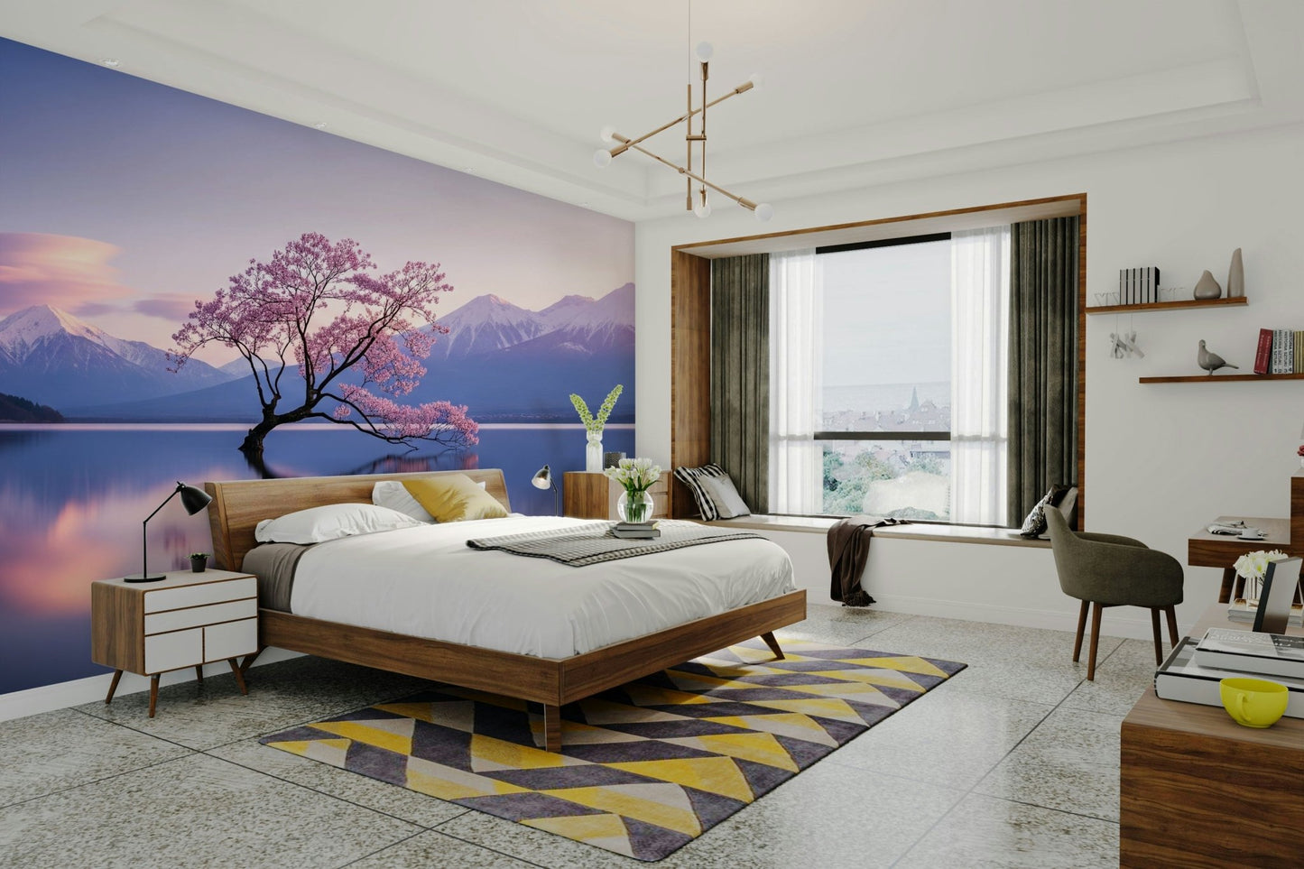 A contemplative flower mountain wallpaper mural for a feature wall.

