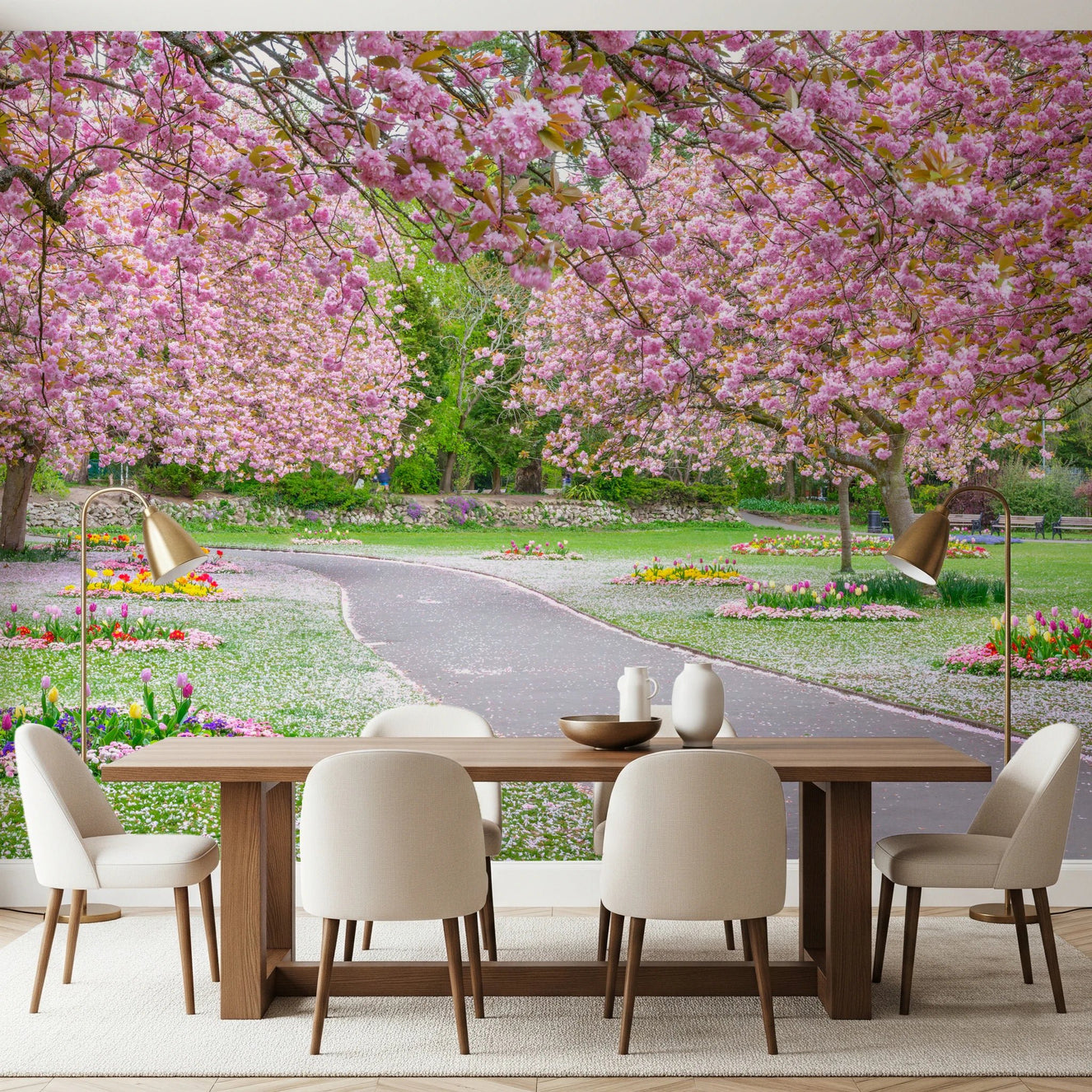 Dining room styled with Blossom Park wall mural and pink flowering trees