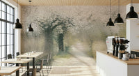 A peaceful flower design mural on decorative wallpaper.