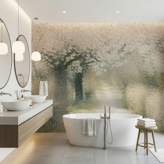 A beautiful subtle floral wallpaper mural with a winding blossom path.
