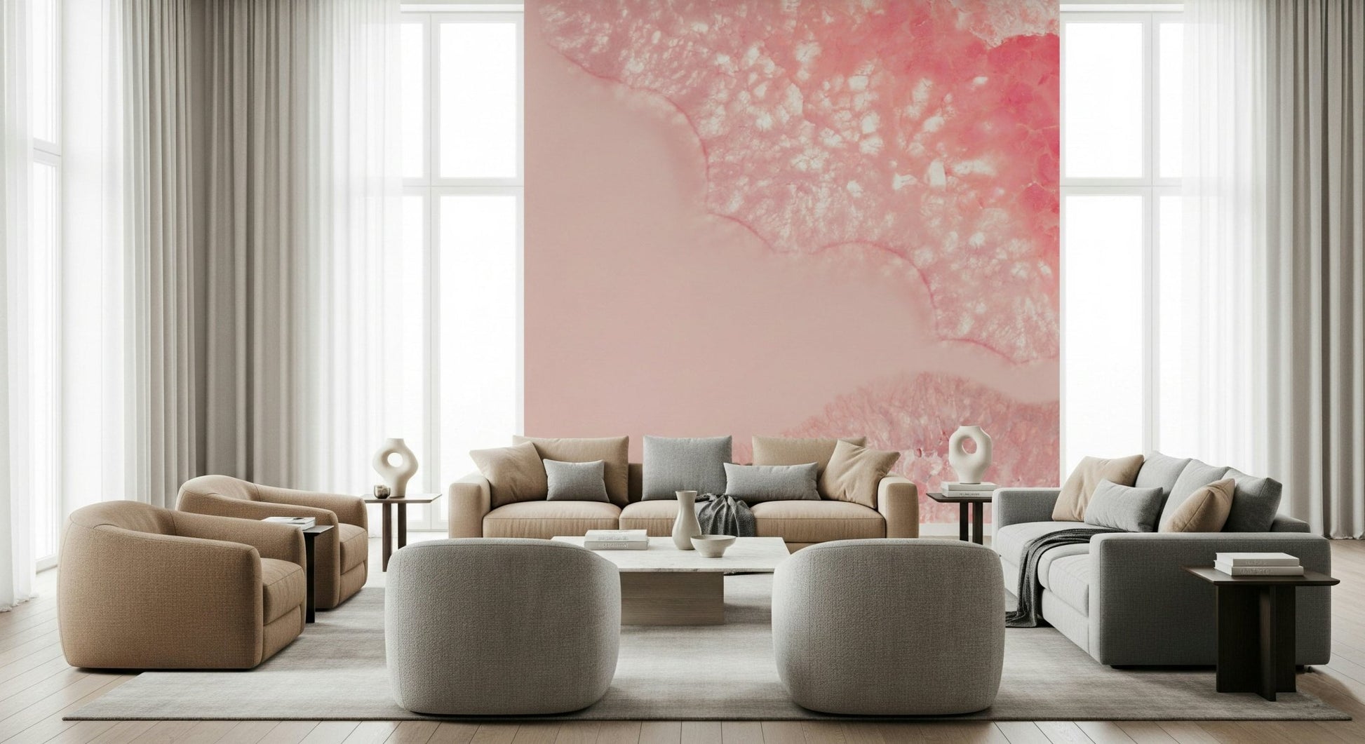 A beautiful subtle floral wallpaper mural with blossom petals and crystal-like textures.