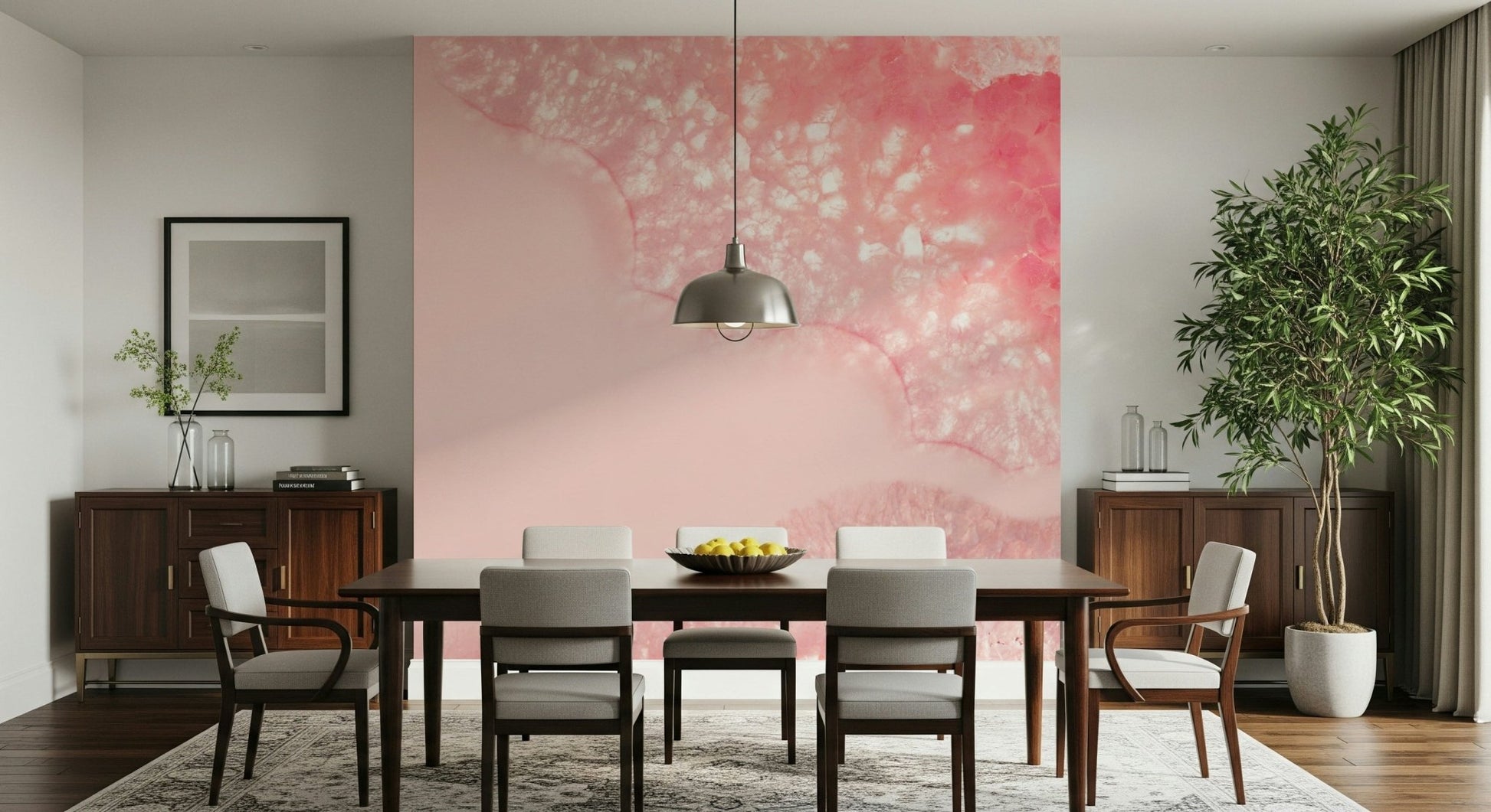 An artistic delicate bloom mural on minimalist wallpaper.