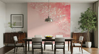 An artistic delicate bloom mural on minimalist wallpaper.