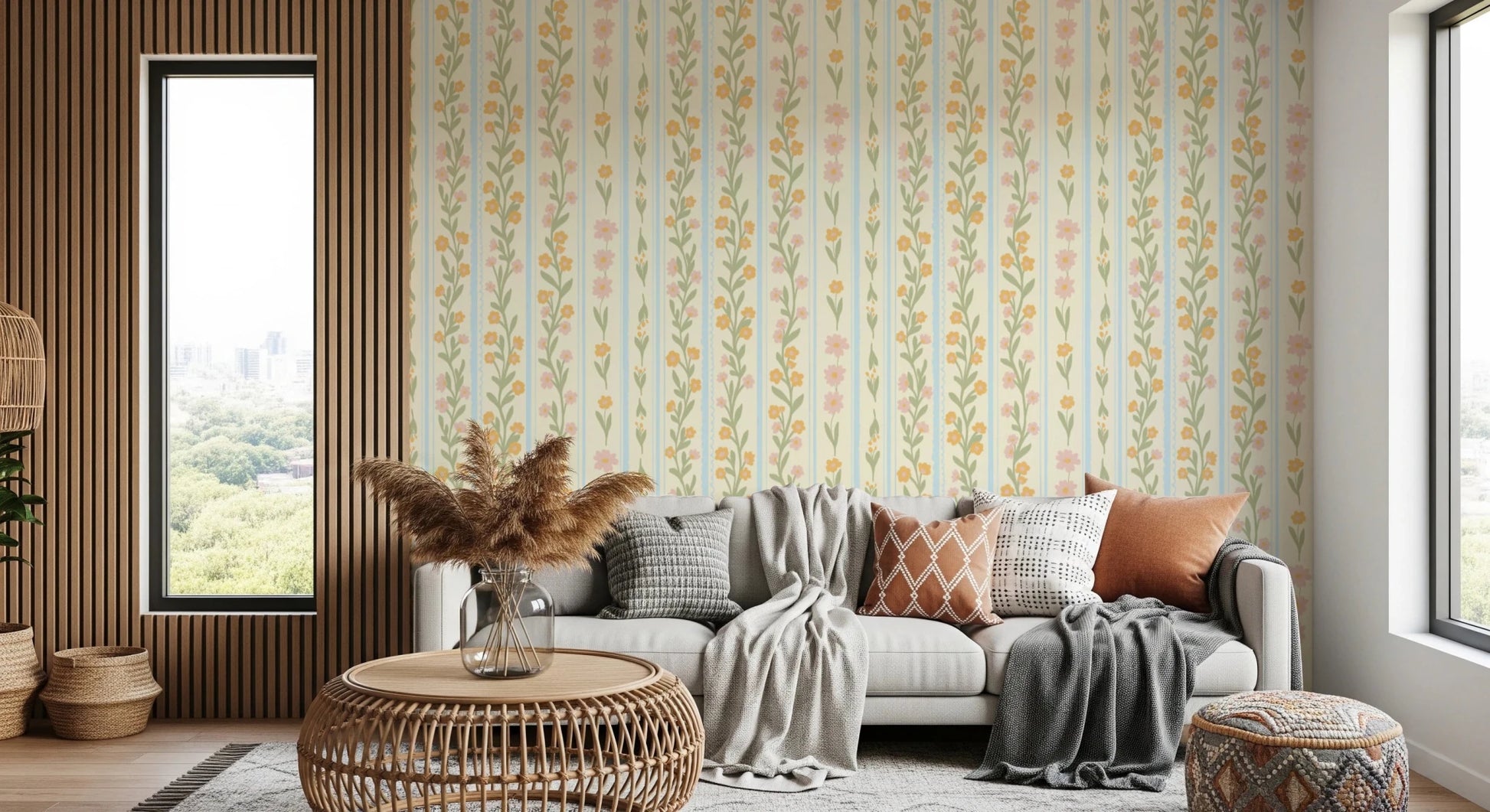 Blossom Stripes Wallpaper for a bright kids room wall mural.