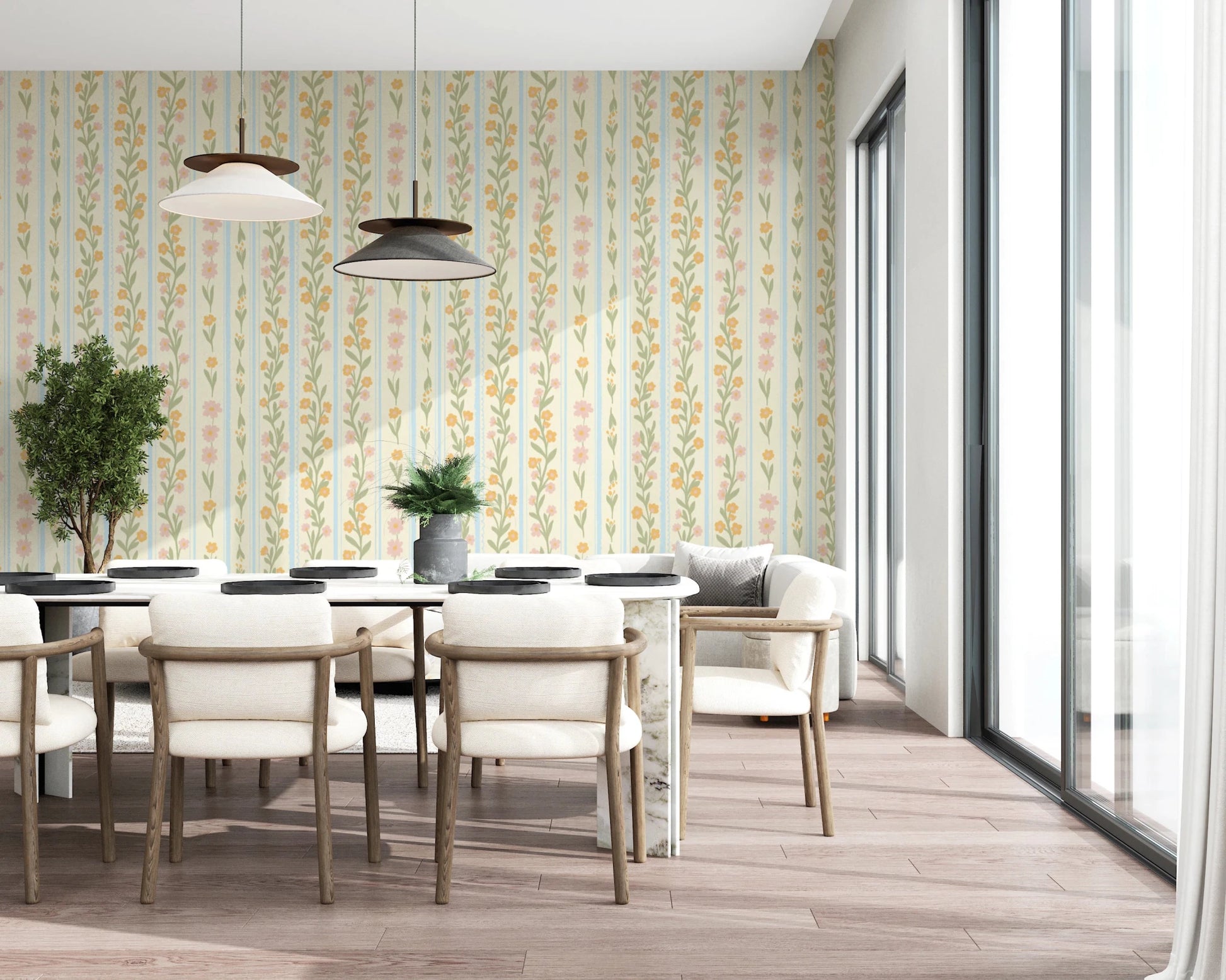 Floral stripe wallpaper with blue vertical lines wall mural.