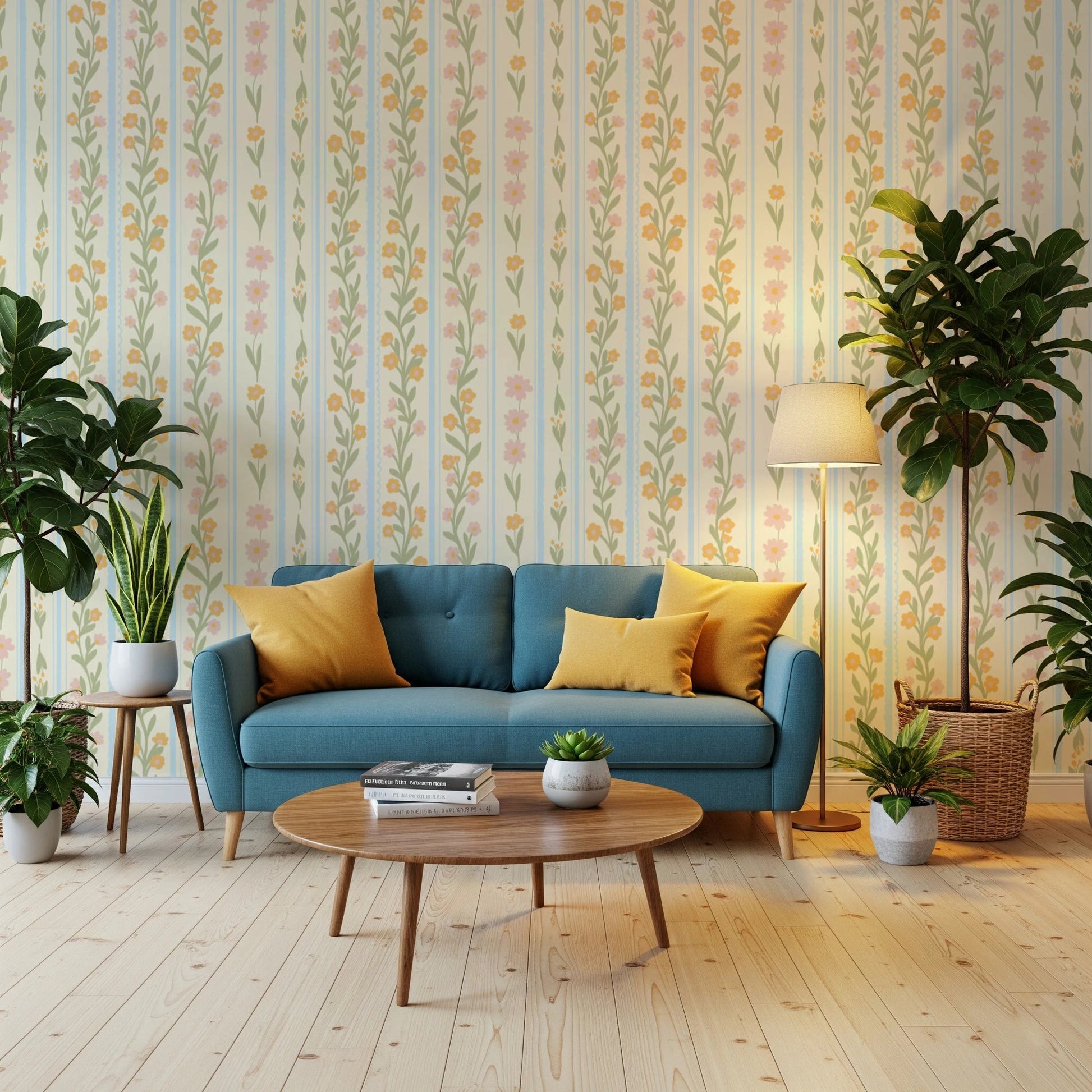 Whimsical yellow and pink blossom wallpaper wall mural.