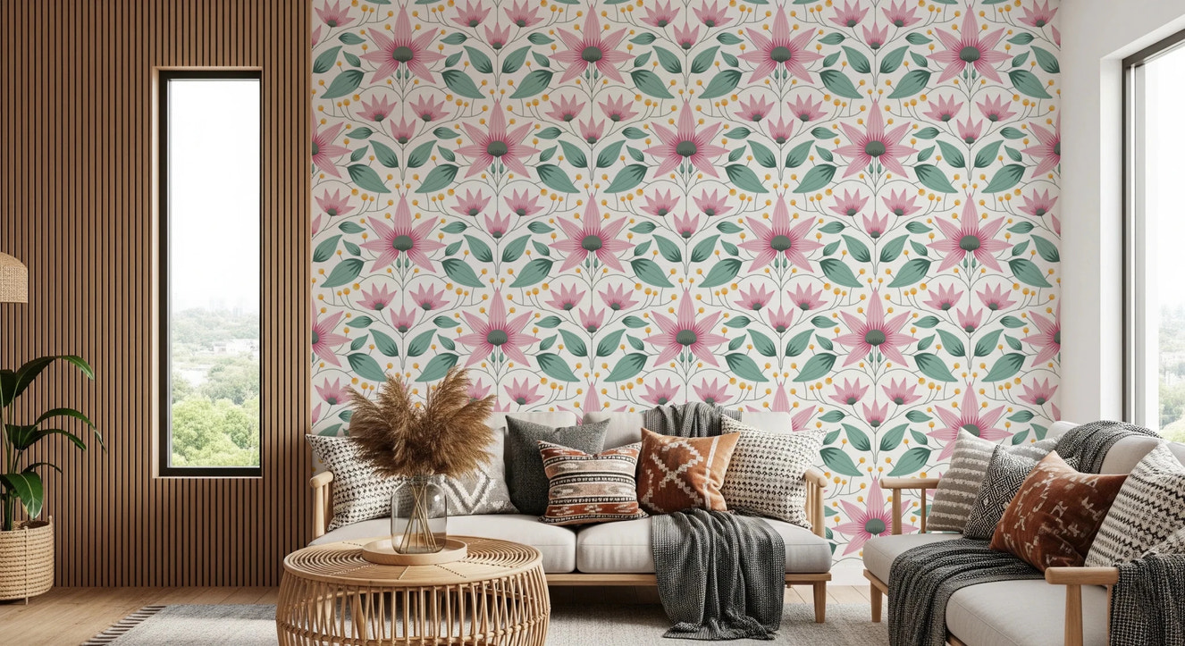 Blossom Symmetry pink Wallpaper with floral patterns for bedrooms